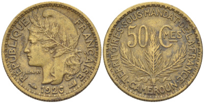 Французский Камерун 50 сантимов 1926 (а), монетный двор Париж KM 1 алюминиевая бронза 35-138