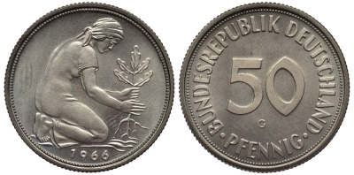 ФРГ 50 пфеннигов 1966 G KM 109.1, J. 384 медно-никель PROOF 1099-4-43