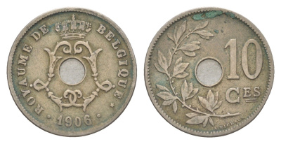 Бельгия 10 сантимов 1906 Belgique, Леопольд I (1865-1909) KM 52 медно-никель 4615-1029