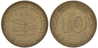 ФРГ 10 пфеннигов 1985 G KM 108, J 383 сталь плакированная латунью 25-1756