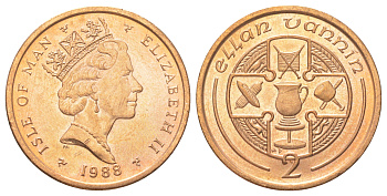 Остров Мэн 2 пенса 1988 KM 208 бронза UNC 4624-334