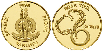 Вануату 50 вату 1998 бивень кабана KM 32 золото PROOF 00-810-68