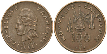 Французская Новая Каледония 100 франков 1994 хижина среди сосен и пальм, (IEOM) KM 15, Schoen 16, Lec 138 никель бронза 88-1115