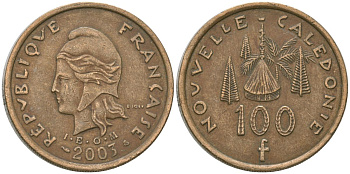 Французская Новая Каледония 100 франков 2003 хижина среди сосен и пальм, (IEOM) KM 15, Schoen 16, Lec 139g никель латунь 4149-215