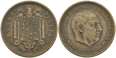 Испания 1 песета 1953 (62) Франсиско Франко (1939-1975) KM 775 алюминиевая бронза 3336-312