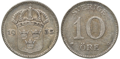 Швеция 10 эре 1935 G, Густав V (1907-1950) KM 780 серебро 4179-622