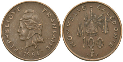 Французская Новая Каледония 100 франков 1994 хижина среди сосен и пальм, (IEOM) KM 15, Schoen 16, Lec 138 никель бронза 88-1115