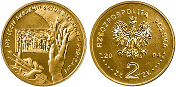 Польша 2 злотых 2004 MW, 100 лет Академии изящных искусств KM 509 нордик UNC 4676-146