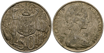 Австралия 50 центов 1966 Елизавета II (1952-2022), герб Австралии, кенгуру KM 67 серебро 4168-934