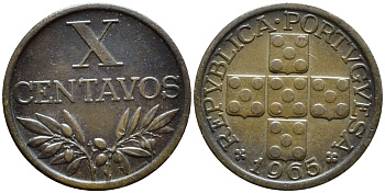 ПОРТУГАЛИЯ 10 СЕНТАВО 1965 KM 583 бронза 4392-1333
