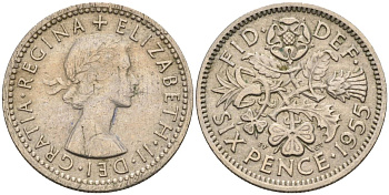 Великобритания 6 пенсов 1955 Елизавета II (1952-2022) KM 903, Spink 4149 медно-никель 4115-728