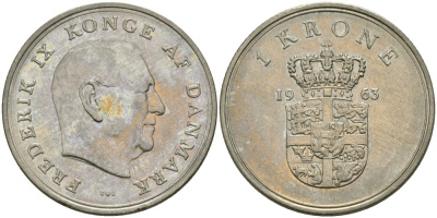 Дания 1 крона 1963 Фредерик IX (1947-1972) KM 851.1 медно-никель 4579-316