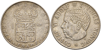 Швеция 1 крона 1965 U, Густав VI Адольф (1950-1973) KM 826 серебро 4150-145