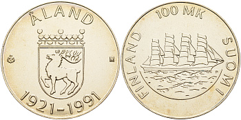 Финляндия 100 марок 1991 70 лет автономии Аландских островов, парусник KM 70 серебро UNC 1066-6-24