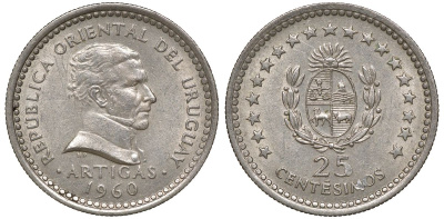 Уругвай 25 сентесимо 1960 KM 40 медно-никель 4169-816