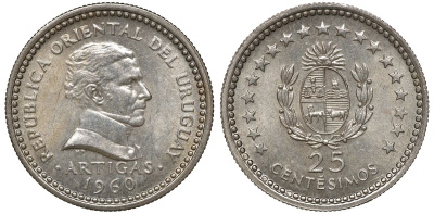 Уругвай 25 сентесимо 1960 KM 40 медно-никель 4169-1036