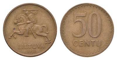 Литва 50 центов (сентов) 1991 год-тип KM 90 бронза 4701-1235