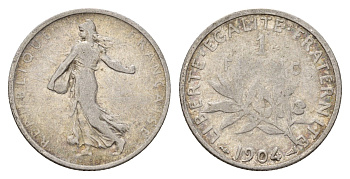 Франция 1 франков 1904 KM 844 серебро 4674-1019