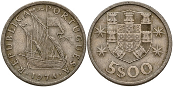 Португалия 5 эскудо 1974 KM 591 медно-никель 4156-542