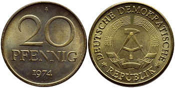ГДР 20 пфеннигов 1974 А KM 11 латунь UNC 54-1852