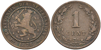 Нидерланды 1 цент 1878 Виллем III (1849-1890) KM 107 бронза 4576-527