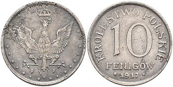 ПОЛЬША 10 ФЕНИГОВ 1917 FF, ПЕРВАЯ МИРОВАЯ ВОЙНА, НЕМЕЦКАЯ ОККУПАЦИЯ, ЛЕГЕНДА НЕ КАСАЕТСЯ КРАЯ KM 6 железо 63-841