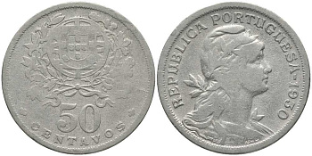 ПОРТУГАЛИЯ 50 СЕНТАВО 1930 ГОЛОВА СВОБОДЫ ВПРАВО КМ 577 медно-никель 202-342