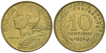 Франция 10 сантимов 1994 KM 929, Le Franc 144/33 алюминиевая бронза 4164-1153