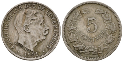 Люксембург 5 сантимов 1901 герцог Адольф (1890-1905) KM 24 медно-никель 4602-328