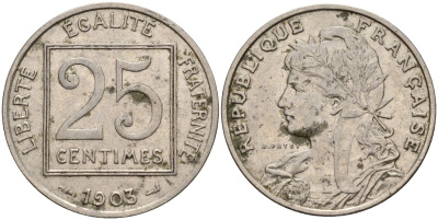 Франция 25 сантимов 1903 Patey 1er Type KM 855, Le FRANC 168.3 никель 4143-617