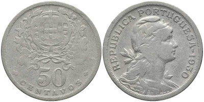 ПОРТУГАЛИЯ 50 СЕНТАВО 1930 ГОЛОВА СВОБОДЫ ВПРАВО КМ 577 медно-никель 202-342