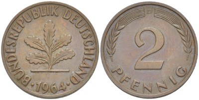 ФРГ 2 ПФЕННИГА 1964 D KM 106, J. 381 бронза 4181-738