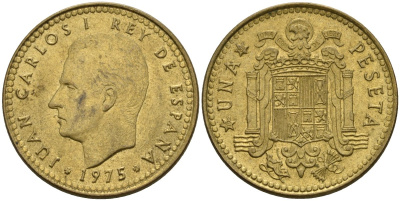 Испания 1 песета 1975 (80) Хуан Карлос I (1975-2014) KM 806 алюминиевая бронза 4604-226