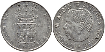 Швеция 1 крона 1973 Густав VI Адольф (1950-1973) KM 826а медь плакированная медно-никелем 4395-336