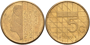 Нидерланды 5 гульденов 1989 Беатрикс (1980-2013) KM 210 никель плакированная бронзой 4153-1246