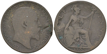 Великобритания 1/2 пенни 1902 Эдуард VII (1901-1910) KM 793.2, Spink 3991 бронза 4616-712