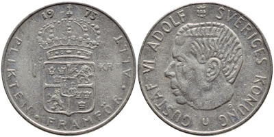 Швеция 1 крона 1973 Густав VI Адольф (1950-1973) KM 826а медь плакированная медно-никелем 4395-336