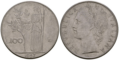 Италия 100 лир 1957 KM 96.1 нержавеющая сталь 4165-1024