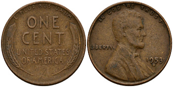 США 1 цент 1953 D, Авраам Линкольн KM A132 медь цинк 4154-1045