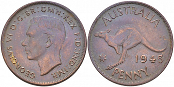 Австралия 1 пенни 1945 p, Георг VI (1937-1952), кенгуру KM 36 бронза 4403-932