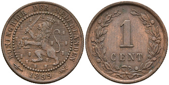 Нидерланды 1 цент 1899 Вильгельмина (1890-1948) KM 107 бронза 4576-638