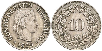 Швейцария 10 раппенов 1929 B KM 27 медно-никель     3309-436