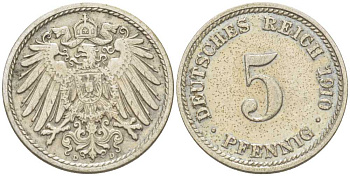 Германия 5 пфеннигов 1910 D KM 11, J. 12, Weege 6 медно-никель 206-962