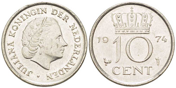 НИДЕРЛАНДЫ 10 ЦЕНТОВ 1974 ЮЛИАНА (1948-1980) KM 182 никель 116-465