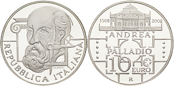Италия 10 евро 2008 500 лет со дня рождения Андреа Палладио KM 305 серебро PROOF 06-281-14