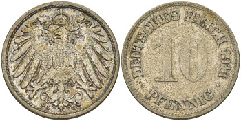 ГЕРМАНИЯ 10 ПФЕННИГОВ 1911 G KM 12, J. 13, Weege 8 медно-никель 212-143