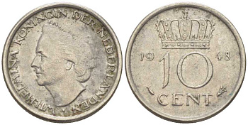 Нидерланды 10 центов 1948 Вильгельмина (1895-1948) KM 177 никель 214-1135