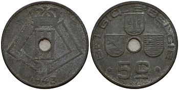 Бельгия 5 сантимов 1943 Belgique - Belgie, Леопольд III (1934-1947), германская оккупация, Вторая мировая война KM 123 цинк 4160-1124