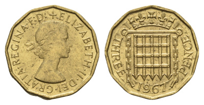 Великобритания 3 пенса 1967 Елизавета II (1952-2022) KM 900, Spink 4153 никель латунь 4121-715
