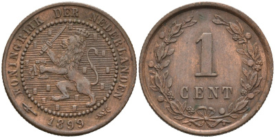 Нидерланды 1 цент 1899 Вильгельмина (1890-1948) KM 107 бронза 4576-638